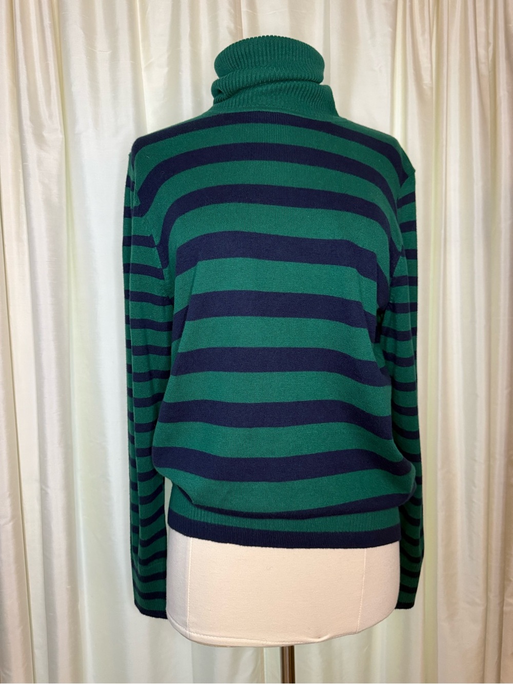 L.L.Bean Women’s Cotton Cashmere Striped Turtleneck Sweater Green Navy M Preppy - Picture 2 of 10